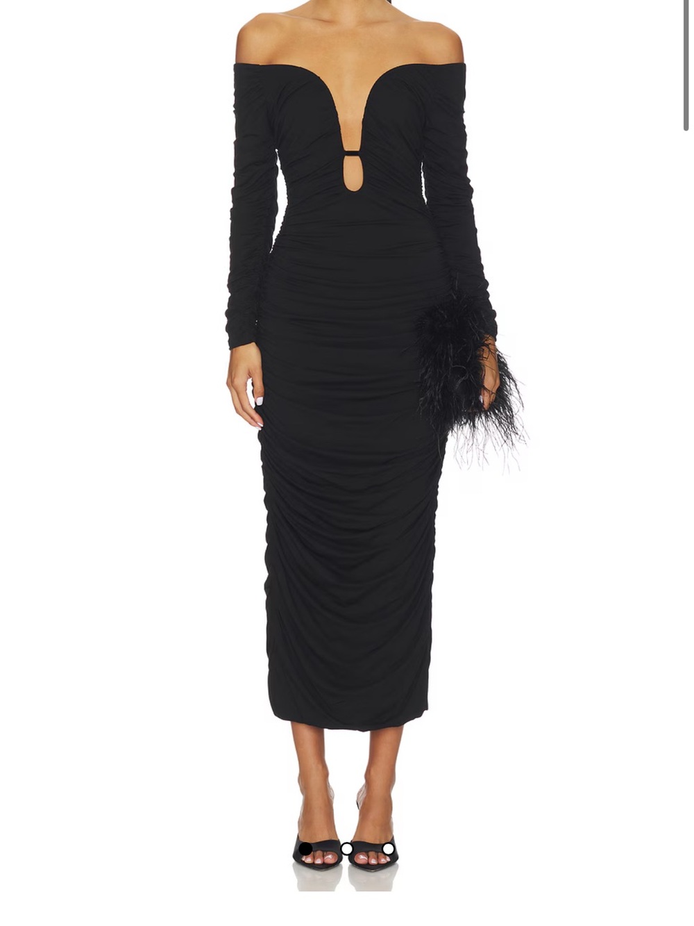 Sans Faff Wren Off-Shoulder Black Ruched Midi Dress NWOT